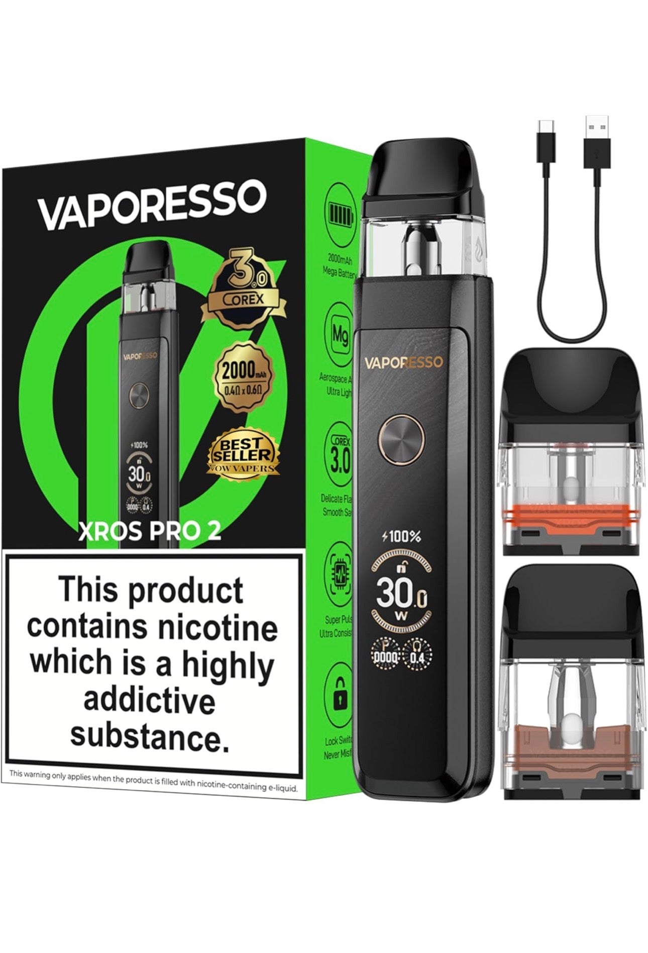 Vaporesso Xros Pro 2 Vape Pod Kit 30W, Built in 2000mAh Mega Battery, Compatible with XROS Pods, Fast Charge, 2ML, No Nicotine, including 2 free pods.