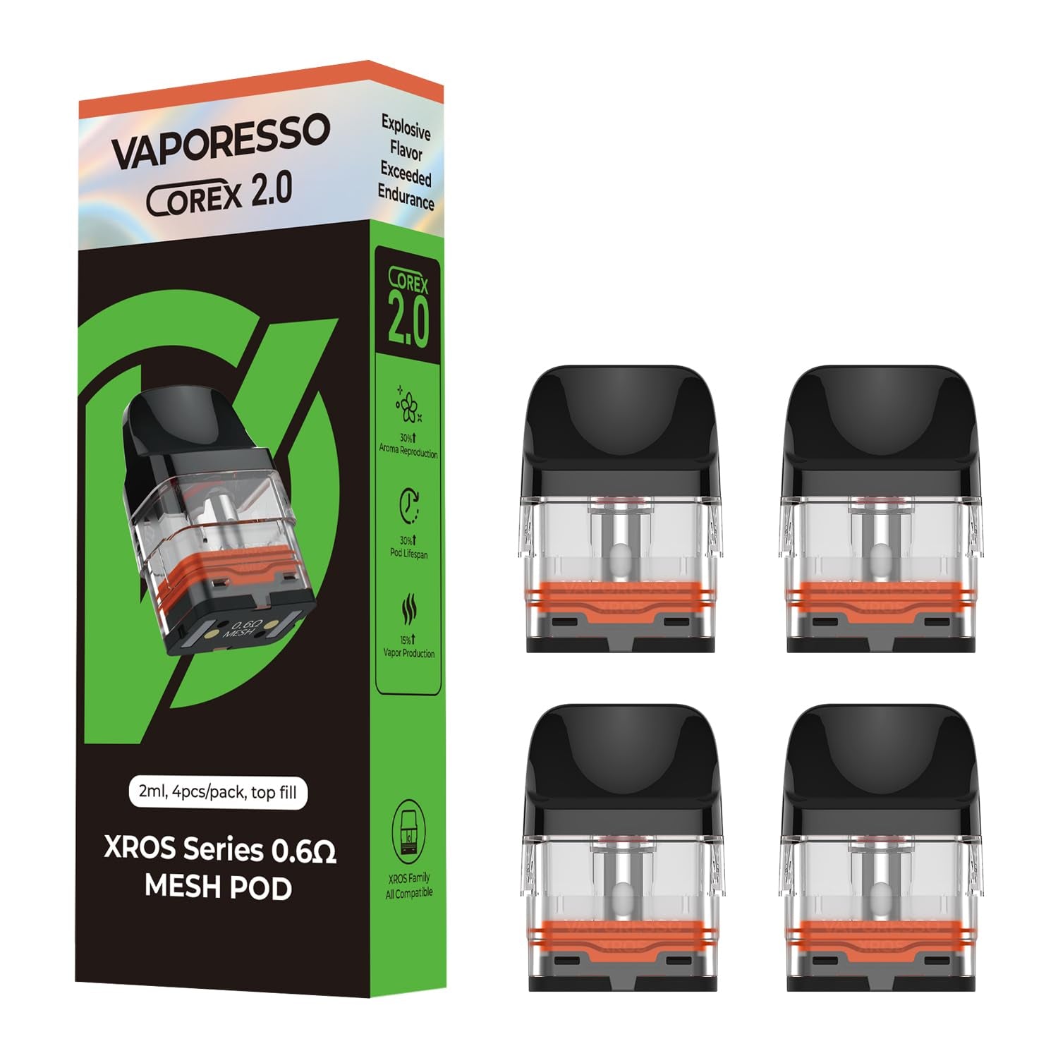 Vaporesso Xros Replacement Pods, 0.6 Ohm, Integrated Coils, Corex 2.0, Compatible with Xros3, Xros3 Mini, Xros4, Xros4 Mini, Xros5, Xros5Mini, Vaporesso Vaping Pods, Refillable, Pack of 4, No Nicotine